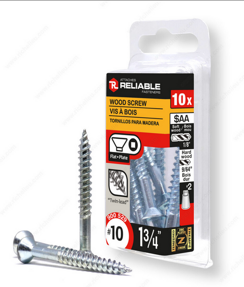 Reliable - Wood Screw, Flat Head, Regular Thread, Regular Wood Point - #10 - 1 3/4"