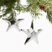 Silver star-shaped Christmas ornaments hanging on a green pine branch.