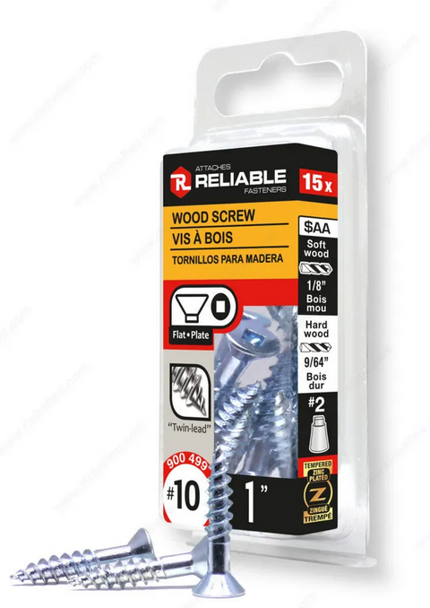 Packaging of Reliable brand wood screws with screws displayed in front Wood Screw, Flat Head, Regular Thread, Regular Wood Point Blister of 15 units - #10 - 1 in Reliable Wood Screw art-noise.myshopify.com wood-screw-flat-head-regular-thread-regular-wood-point-blister-of-15-units-10-1-in