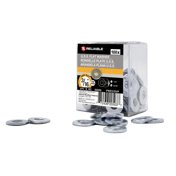 Box of U.S. flat washers with visible branding on a white background