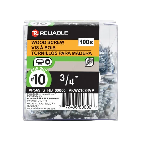 Pack of wood screws with 'Reliable' branding on a white background