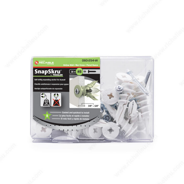Packaged product of SnapSkru screws and anchors on a white background