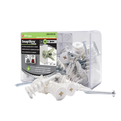 SnapSkru drywall anchors and screws with packaging on a white background