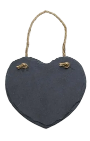 Heart-shaped slate sign with jute rope on a white background