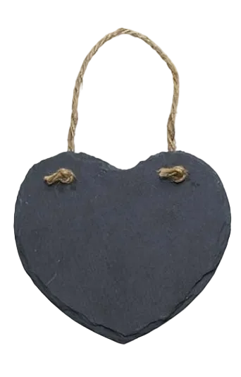 Heart-shaped slate sign with jute rope on a white background