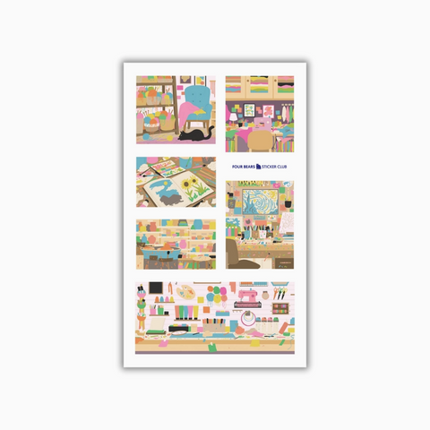 Sheet of white decorative stickers featuring artist studio scenes and creative workspace elements