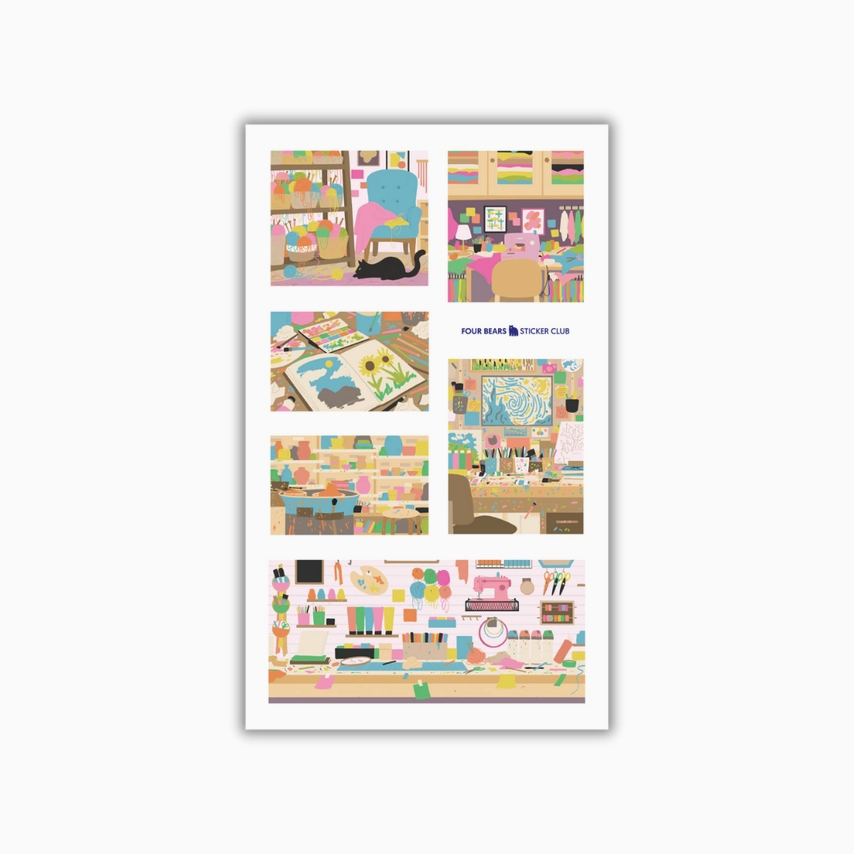 Sheet of white decorative stickers featuring artist studio scenes and creative workspace elements