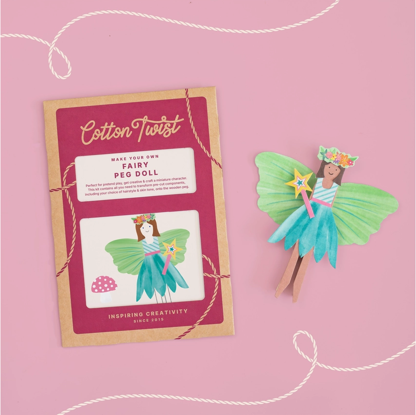Fairy peg doll craft kit with wooden doll, colorful dress, wings, crown, wand and toadstool accessories