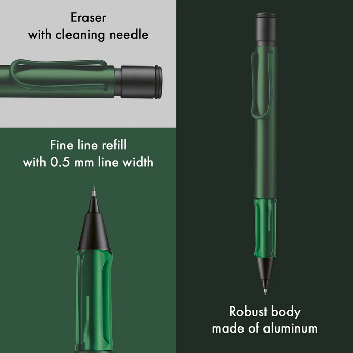 Green pen with eraser and cleaning needle on a green background