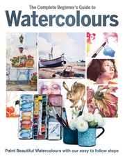 Book cover of 'The Complete Beginner's Guide to Watercolours' with images of art supplies and watercolor paintings.