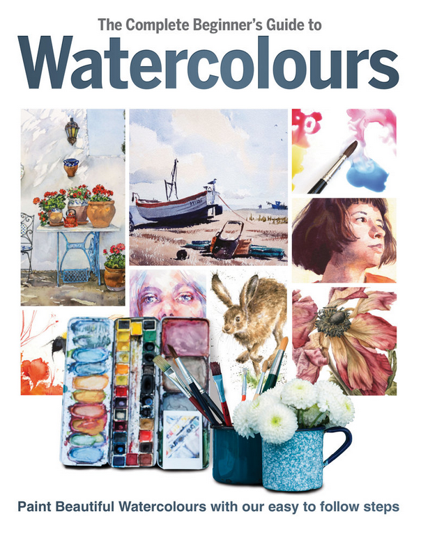 Book cover of 'The Complete Beginner's Guide to Watercolours' with images of art supplies and watercolor paintings.