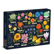 Edible Flowers 1000 piece jigsaw puzzle box showing colourful botanical illustrations of pansies, dandelions and other edible blooms