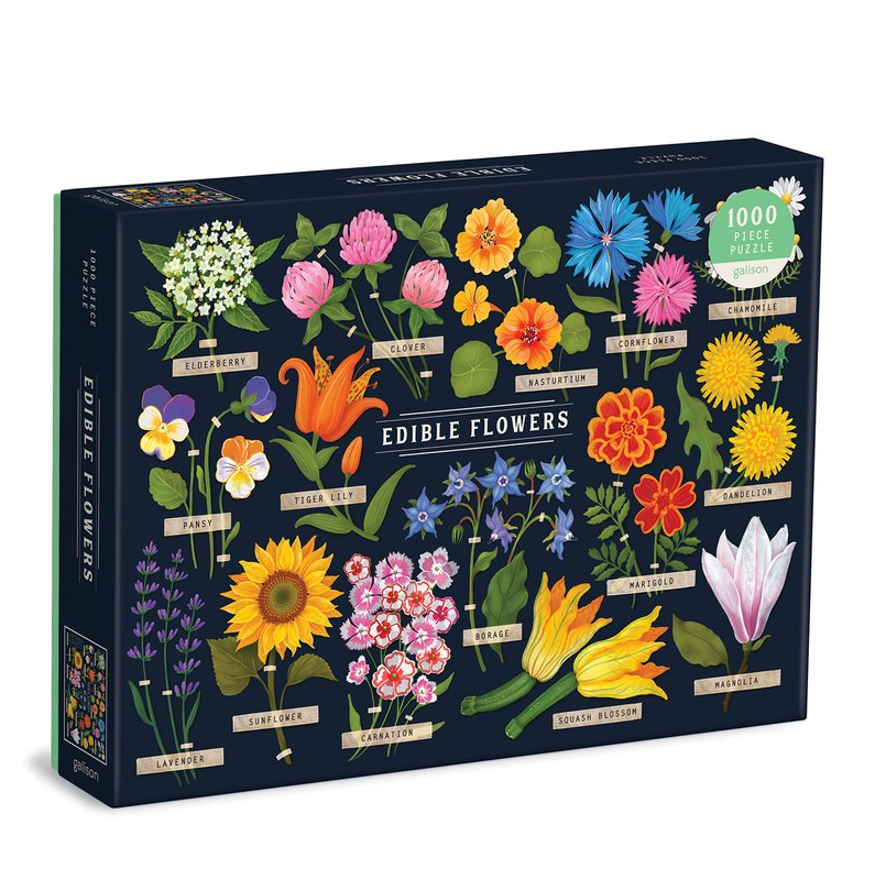 Edible Flowers 1000 piece jigsaw puzzle box showing colourful botanical illustrations of pansies, dandelions and other edible blooms