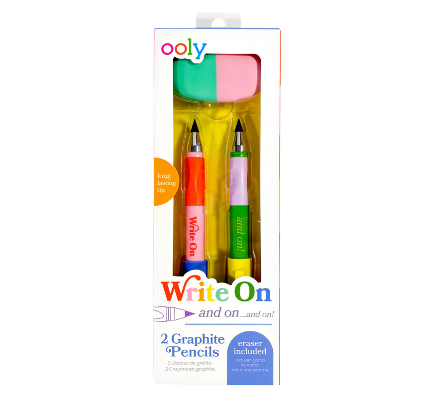 OOLY Write On 3-piece graphite pencil set with two black woodless graphite pencils and one colourful eraser