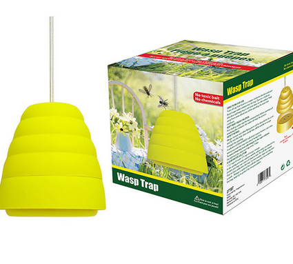 Yellow wasp trap with its packaging on a white background