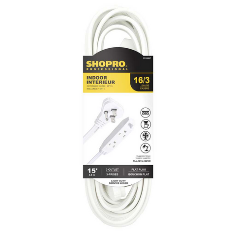 SHOPRO - 16/3 SPT-3 3-OUTLET FLAT PLUG 15' INDOOR EXTENSION CORD WHITE