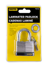 Laminated padlock with keys on a yellow and black packaging