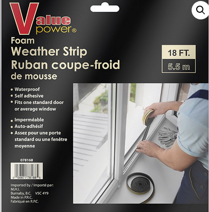 Value Power foam weather strip packaging with a person applying it to a window.