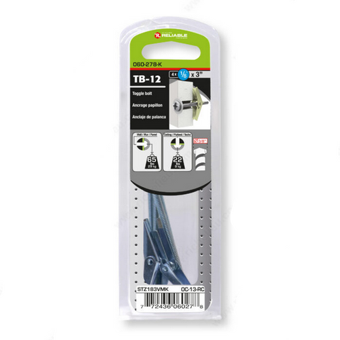 Packaged toggle bolt with label on a white background