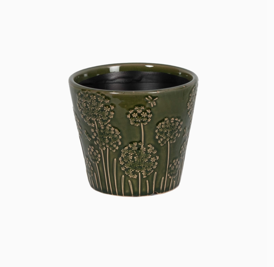 Dark Green Embossed Ceramic Pot