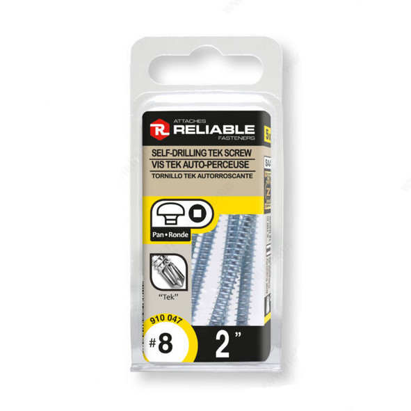 Packaging of Reliable self-drilling tek screws on a white background