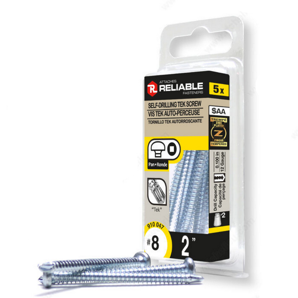 Packaging of Reliable self-drilling tek screws on a white background
