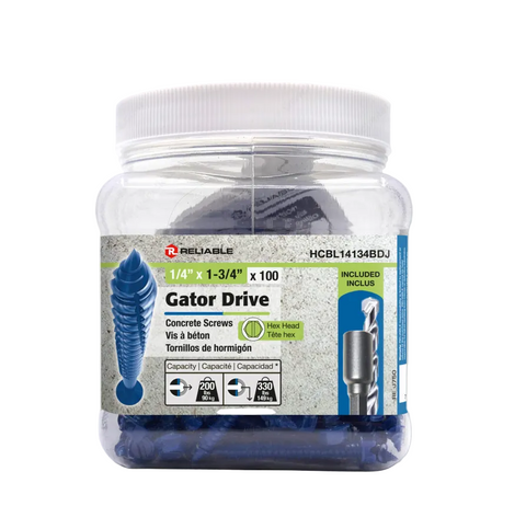 Jar of Gator Drive concrete screws with a white lid on a white background