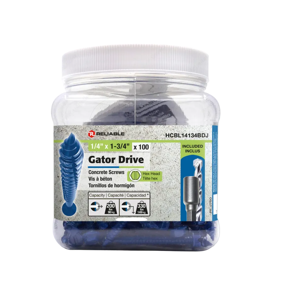 Jar of Gator Drive concrete screws with a white lid on a white background