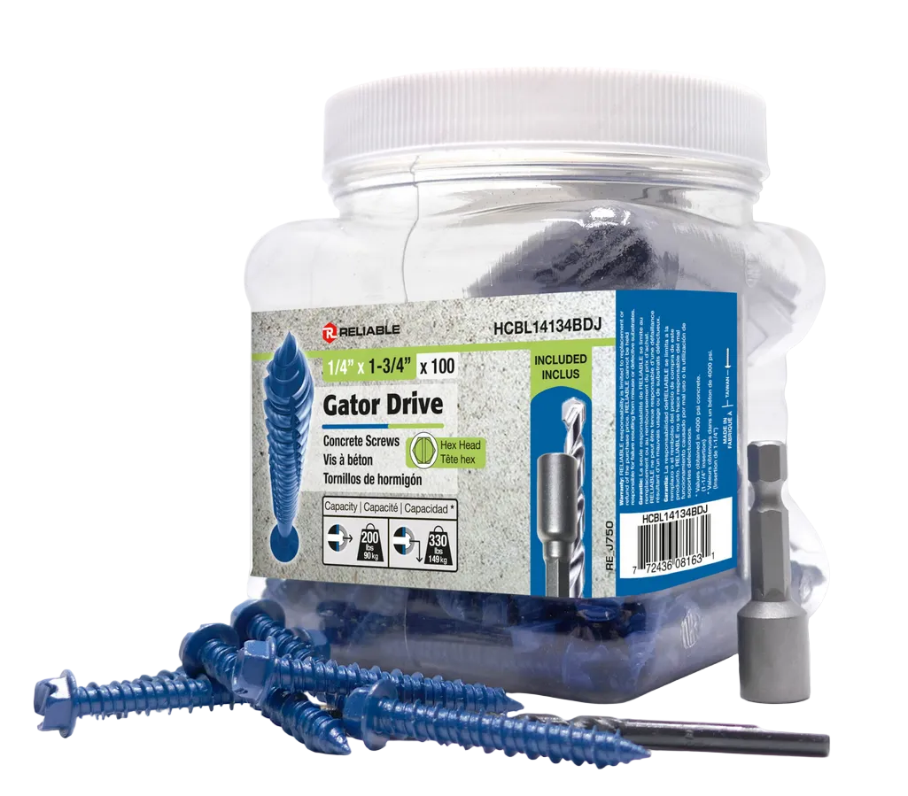 Jar of Gator Drive concrete screws with a drill bit on a white background