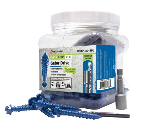 Jar of Gator Drive concrete screws with a drill bit on a white background