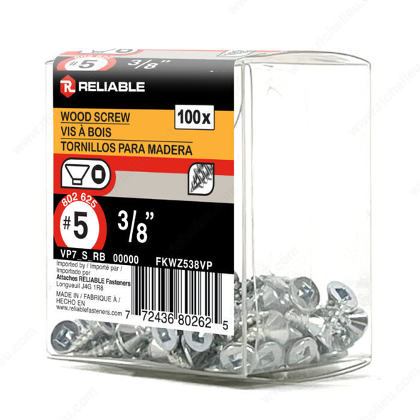 Reliable - Wood Screw, Flat Head - #5 - 3/8 in