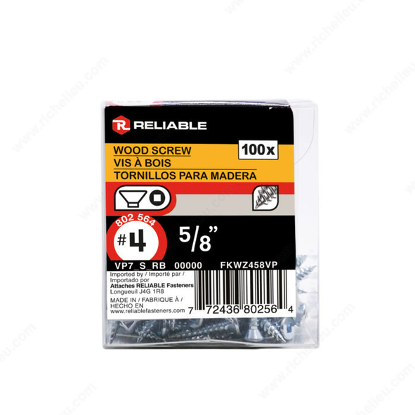 Reliable - Wood Screw, Flat Head - #4 - 5/8 in