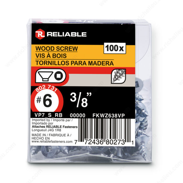 Reliable - Wood Screw, Flat Head - #6 - 3/8 in