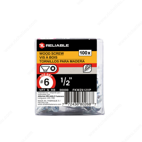 Reliable - Wood Screw, Flat Head - #6 - 1/2 in