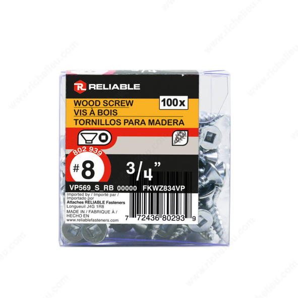 Reliable - Wood Screw, Flat Head - #8 - 3/4 in