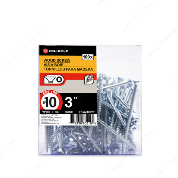 Reliable - Wood Screw, Flat Head - #10 - 3 in