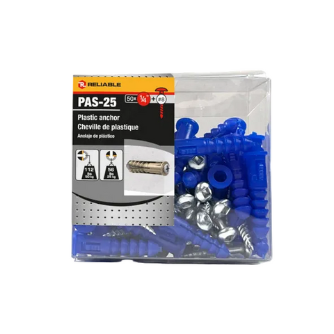 Reliable - Plastic Anchors Box of 50 - 1/4 in - Blue