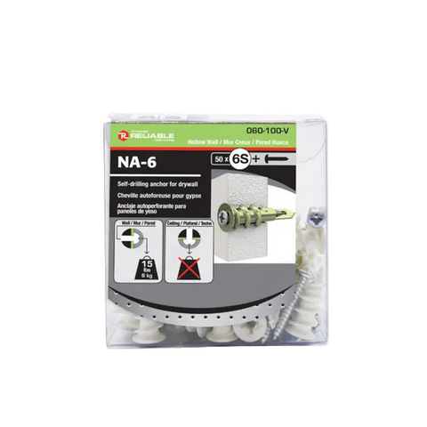 Reliable NA-6 Hollow Wall self-drilling anchor for drywall, shown in its clear plastic retail packaging with a green and white label, containing 50 screws.