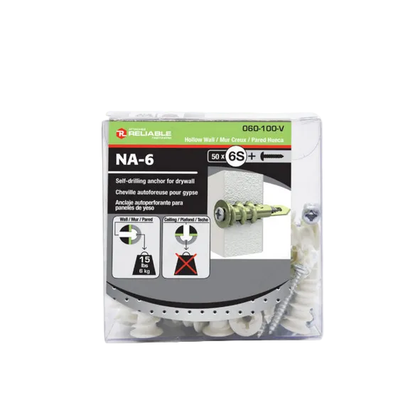 Reliable NA-6 Hollow Wall self-drilling anchor for drywall, shown in its clear plastic retail packaging with a green and white label, containing 50 screws.
