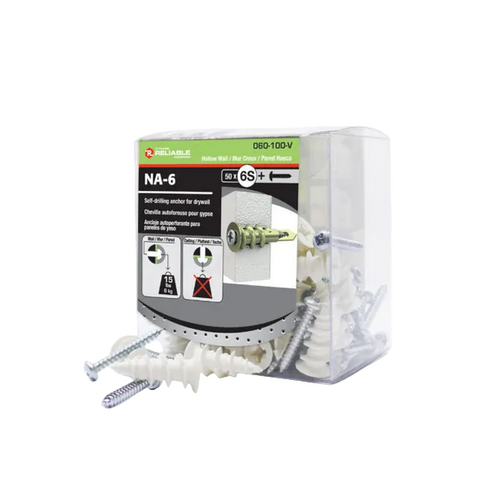 Reliable NA-6 self-drilling screws for drywall in a clear plastic box with a green and gray retail label, shown on a white background with several loose screws in front.