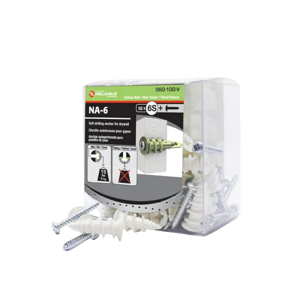Reliable NA-6 self-drilling screws for drywall in a clear plastic box with a green and gray retail label, shown on a white background with several loose screws in front.
