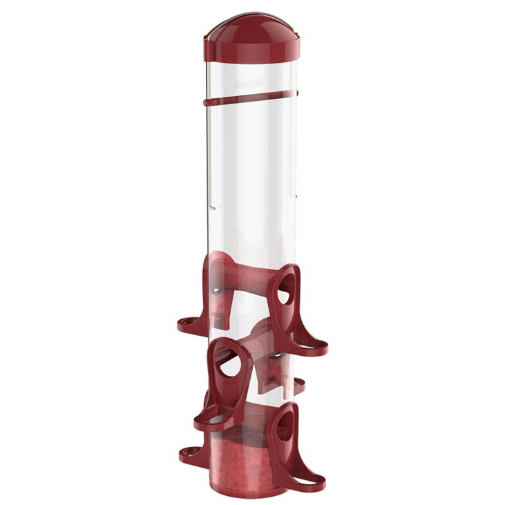 A bird feeder with a clear cylindrical body, dark red top cap, and dark red base and perching cups, shown on a plain white background.