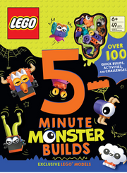 LEGO Classic 5-Minute Monster Builds activity book cover shown on a white page background. The cover features a bright lime green top section with LEGO branding, a large orange '5' in the center, and playful monster illustrations on a black lower section.