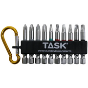 A 12-piece TASK impact driver bit set in a black plastic holder with a gold carabiner, shown on a white background with diagonal watermark text.