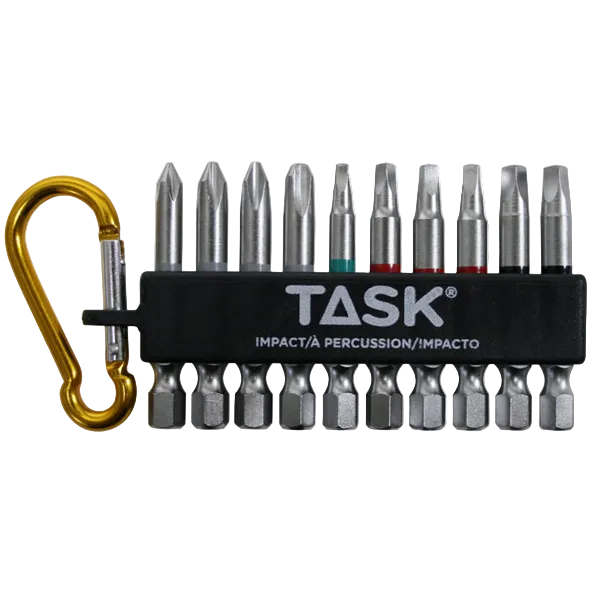 A 12-piece TASK impact driver bit set in a black plastic holder with a gold carabiner, shown on a white background with diagonal watermark text.