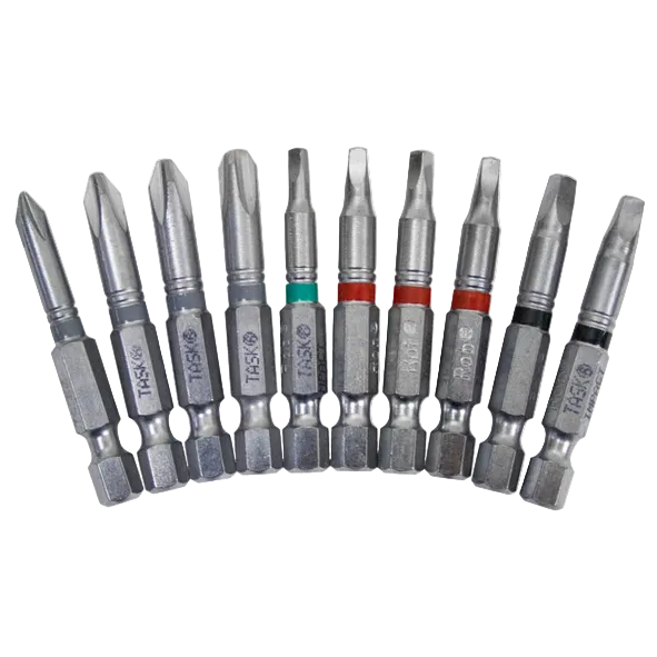 A set of ten metallic flathead screwdriver bits arranged in a semi-circle on a white background, with three bits featuring colored bands (green, red, and black) and the brand name 'TAK' stamped on each.
