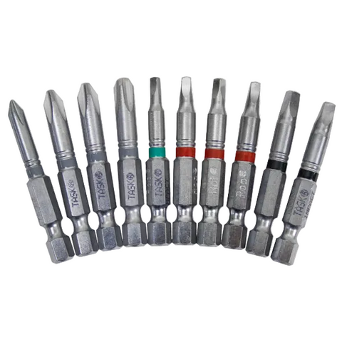 A set of ten metallic flathead screwdriver bits arranged in a semi-circle on a white background, with three bits featuring colored bands (green, red, and black) and the brand name 'TAK' stamped on each.
