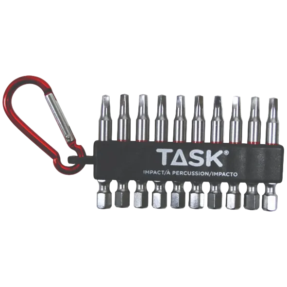 A set of 12 TASK impactor and percussion driver bits in a black plastic holder with a red and silver carabiner, shown on a white background.