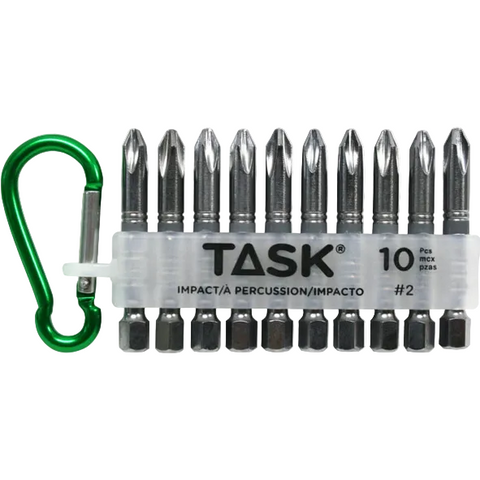 A set of 10 Task #2 impact/percussion screwdriver bits in a clear plastic holder with a green carabiner, shown on a white background.