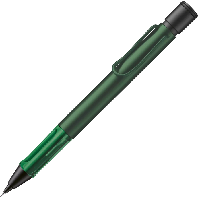 Green pen with black accents on a white background